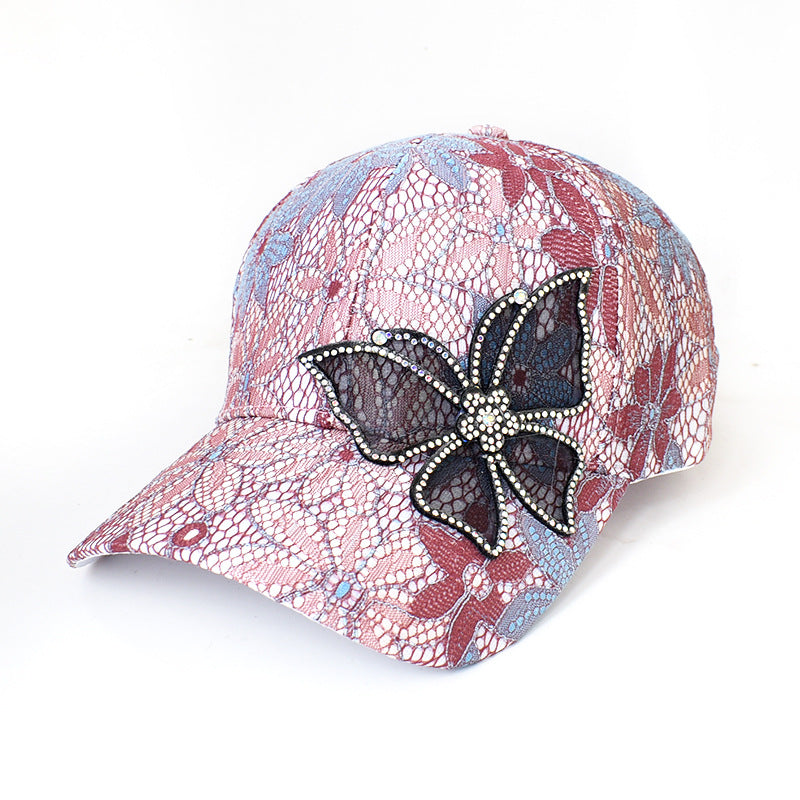 Lace Floral Rhinestone Butterfly Cap - Red