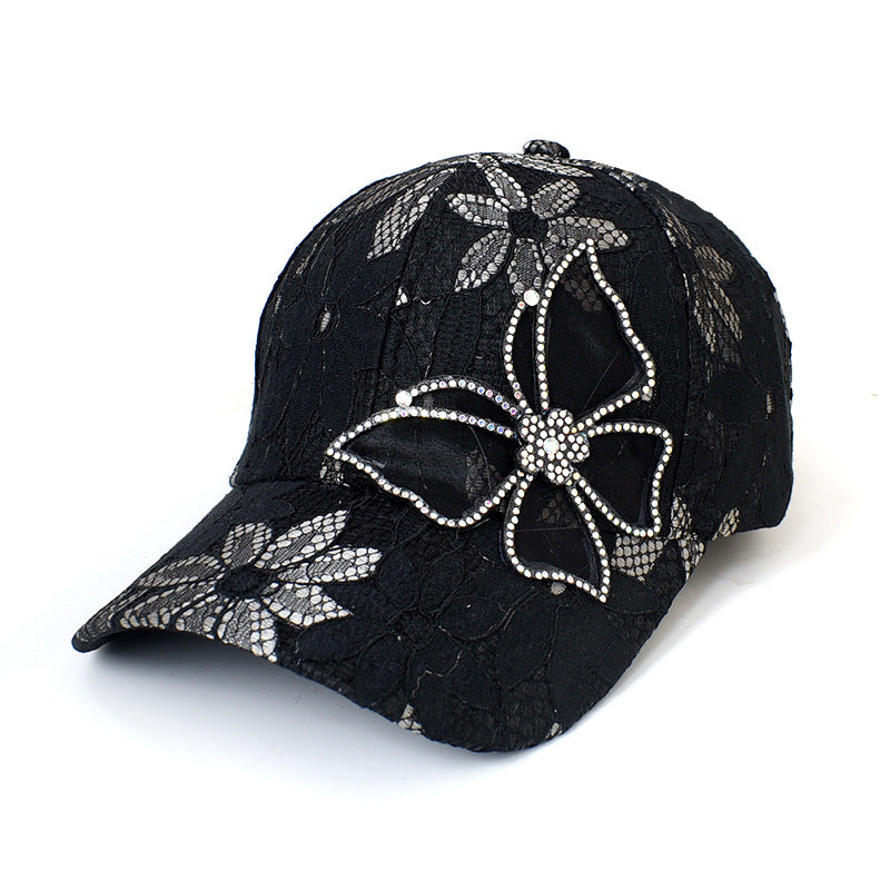 Lace Floral Rhinestone Butterfly Cap - black