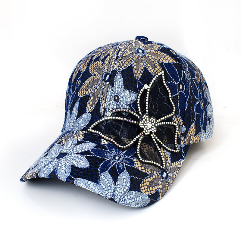 Lace Floral Rhinestone Butterfly Cap - blue