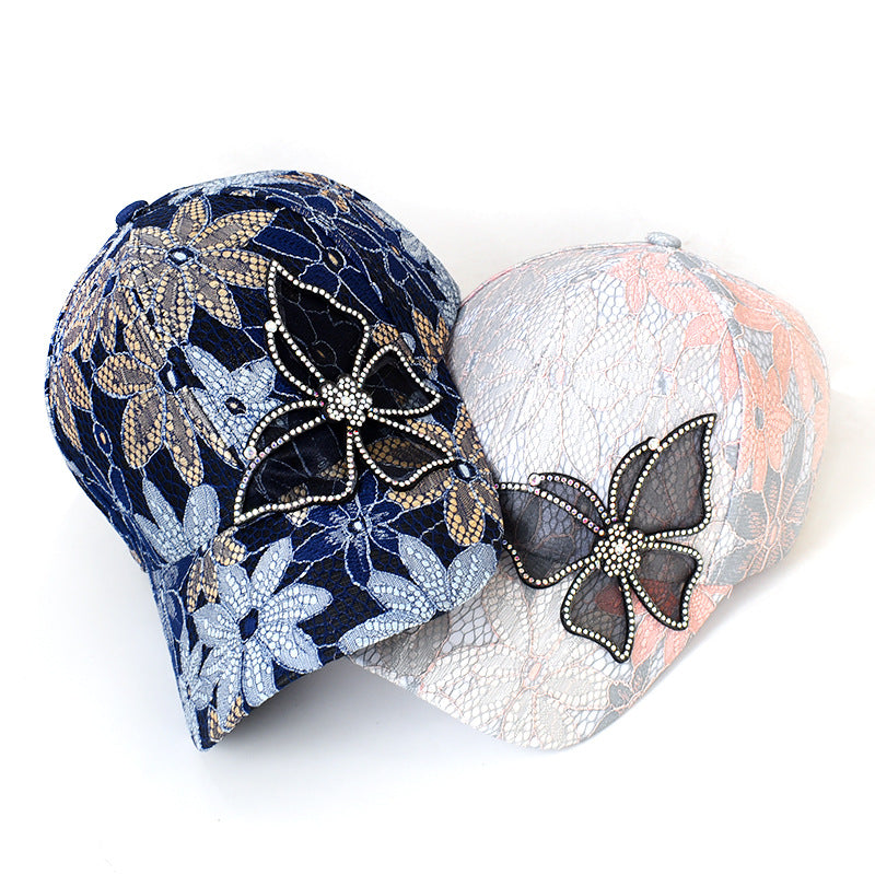 Lace Floral Rhinestone Butterfly Cap