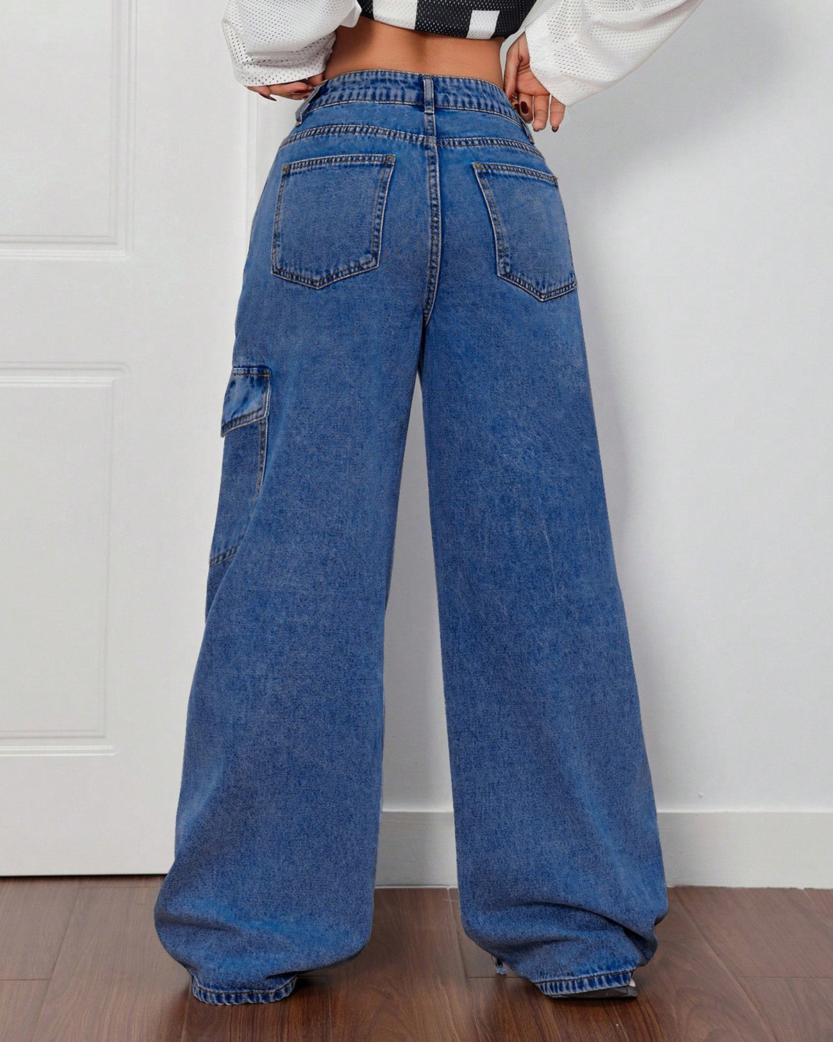 Bow Tie Cargo Wide Leg Denim Jeans - Blue