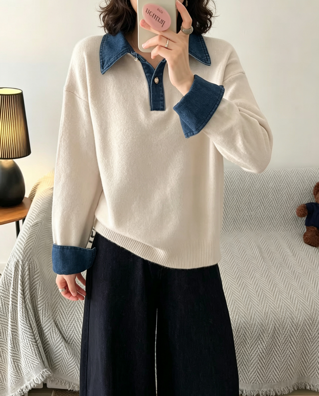 Oversized Knit Sweater With Denim Collar and Cuffs - Apricot