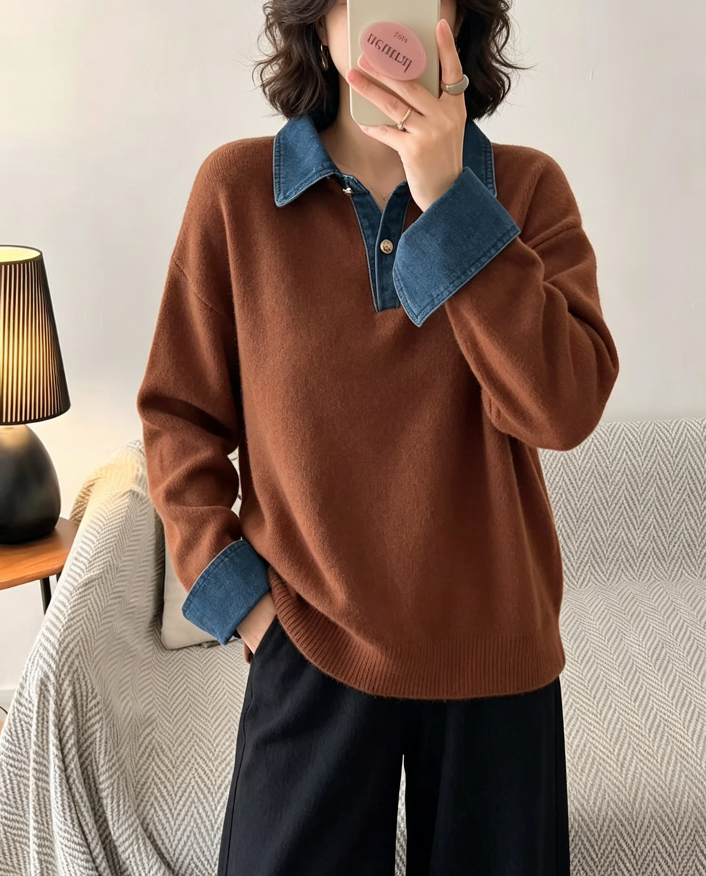 Oversized Knit Sweater With Denim Collar and Cuffs - Camel