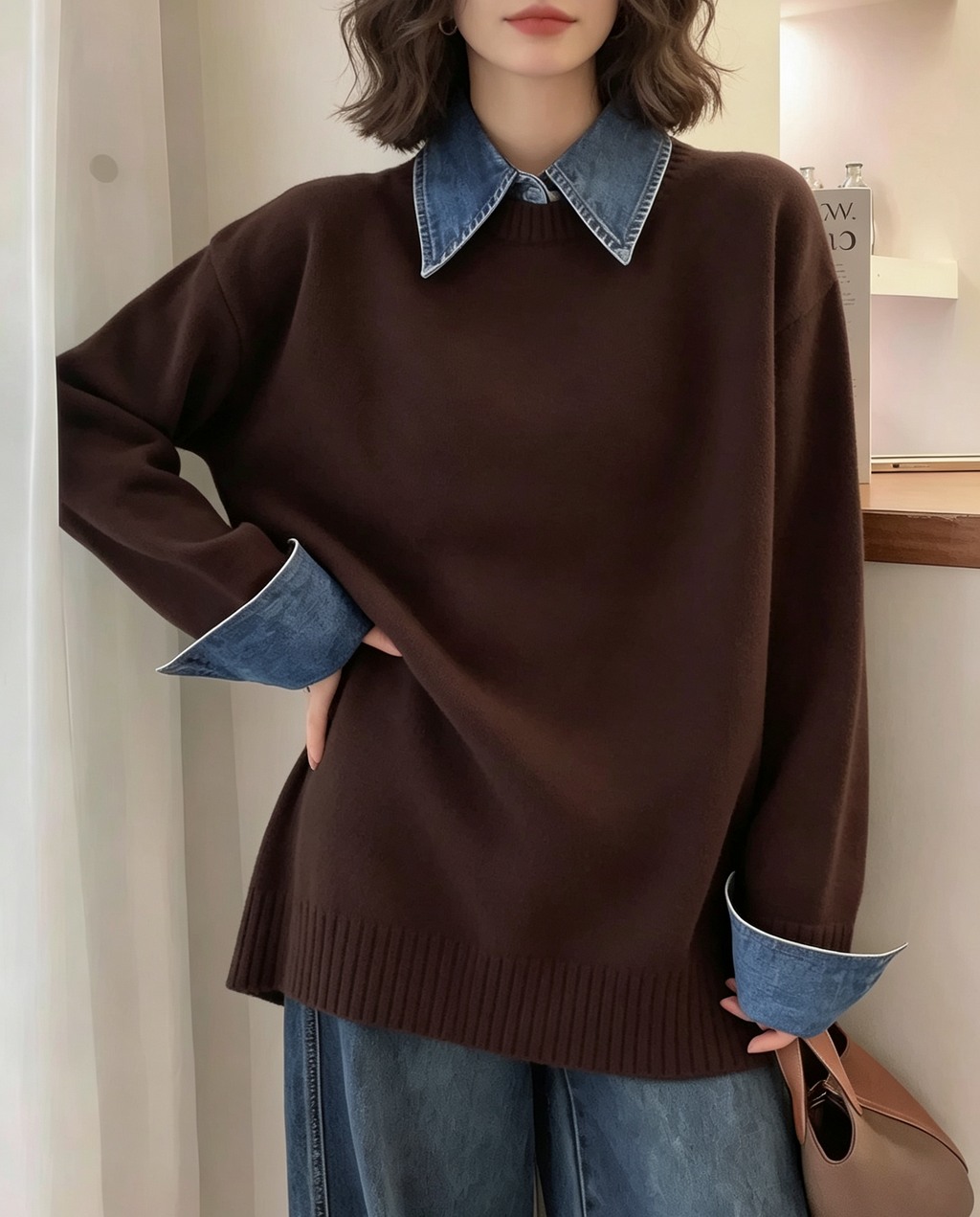 Oversized Knit Sweater With Denim Collar and Cuffs - Dark_Brown