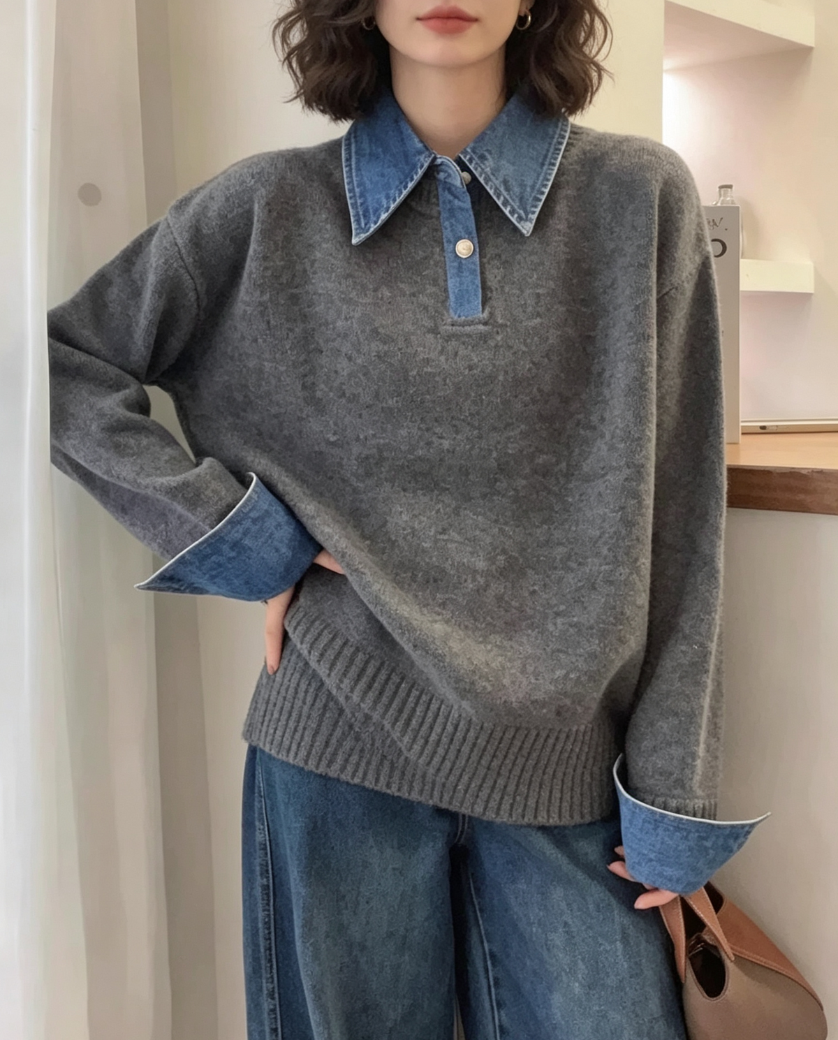 Oversized Knit Sweater With Denim Collar and Cuffs - Grey - 1