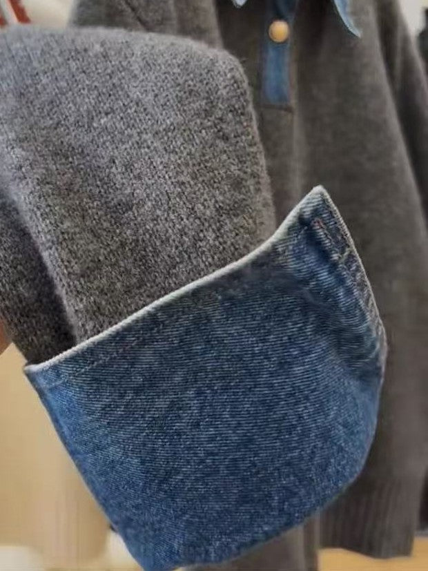 Oversized Knit Sweater With Denim Collar and Cuffs - Grey - 3