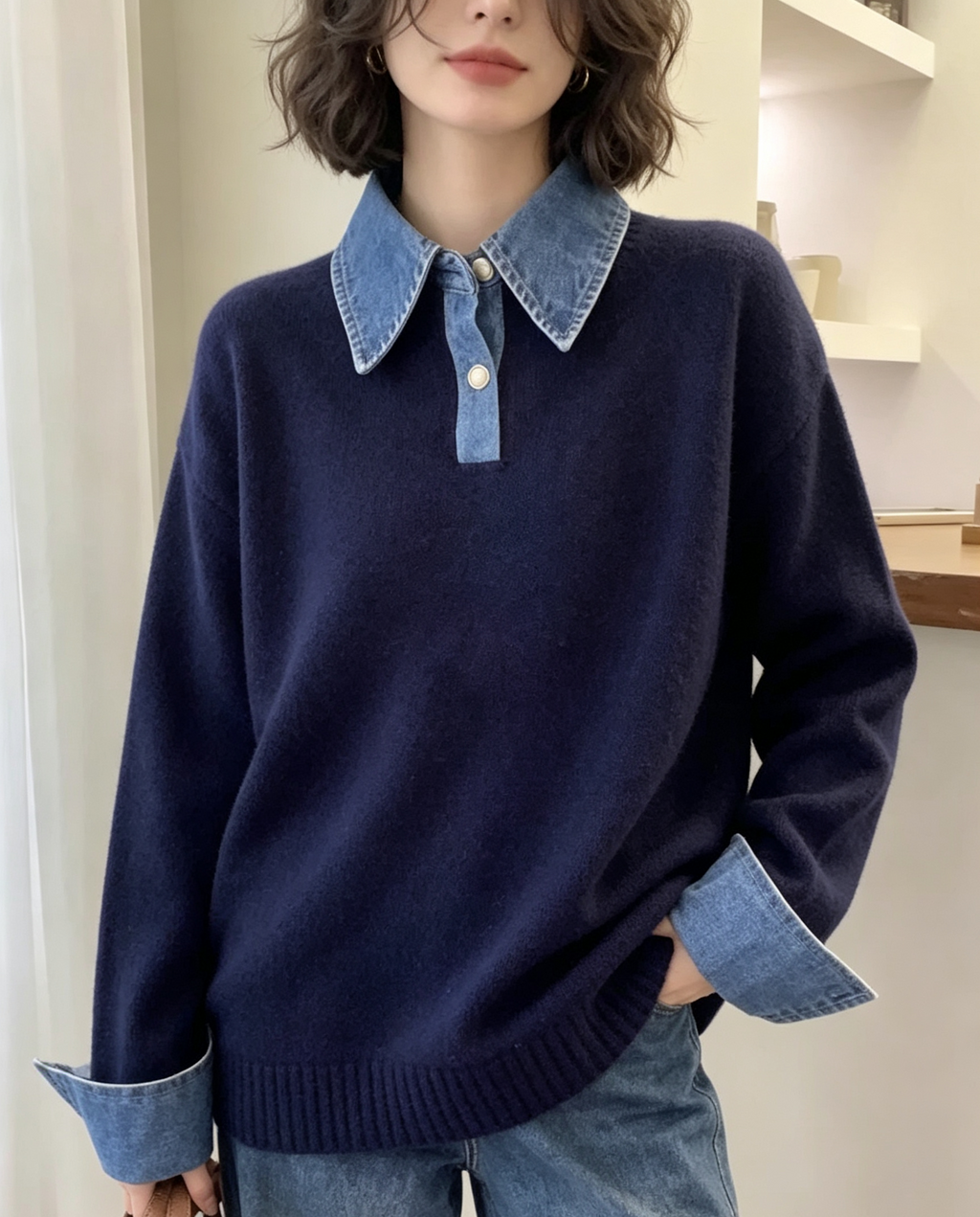 Oversized Knit Sweater With Denim Collar and Cuffs - Navy