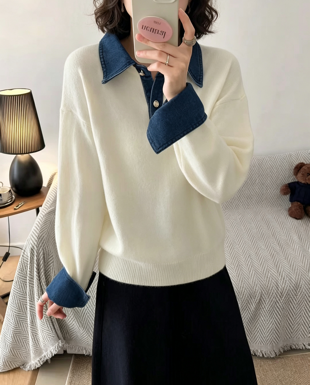 Oversized Knit Sweater With Denim Collar and Cuffs - Off_White
