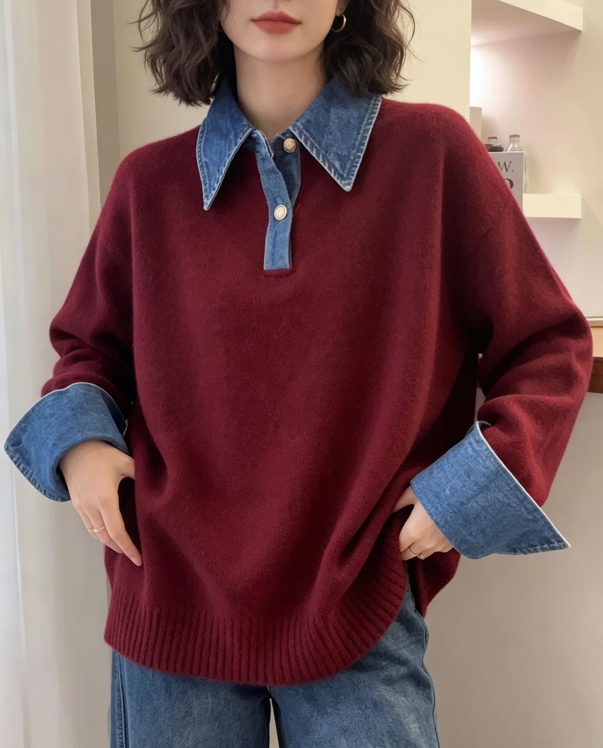 Oversized Knit Sweater With Denim Collar and Cuffs - Red