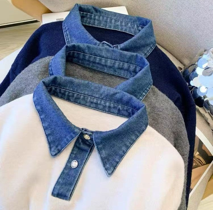 Oversized Knit Sweater With Denim Collar and Cuffs