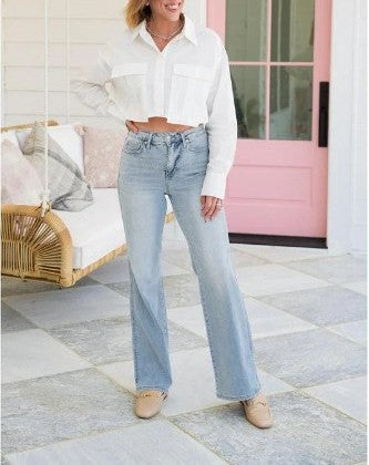 High Waist Light Wash Wide Leg Jeans - Blue