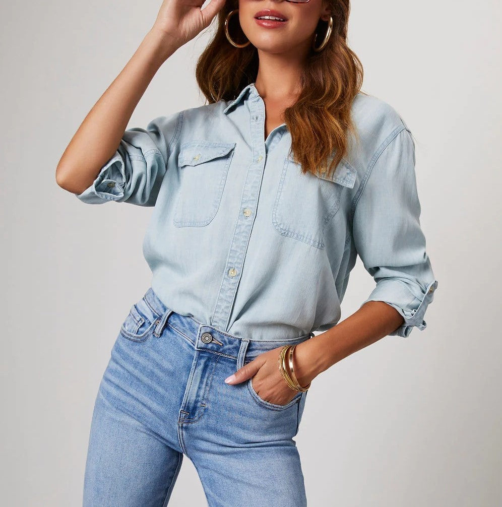 Chest Pocket Long Sleeve Denim Shirt - Blue