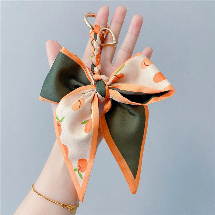 Fruit Print Scarf Bow Bag Charm - Orange
