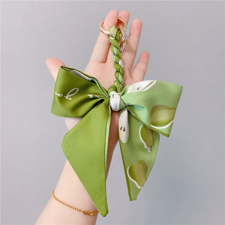 Fruit Print Scarf Bow Bag Charm - Pear