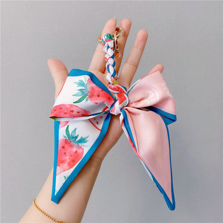 Fruit Print Scarf Bow Bag Charm - Strawberry