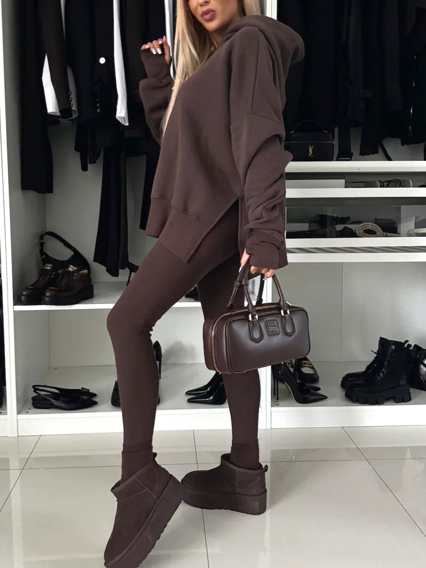 Oversized Hoodie and Legging Two Piece Set - Coffee