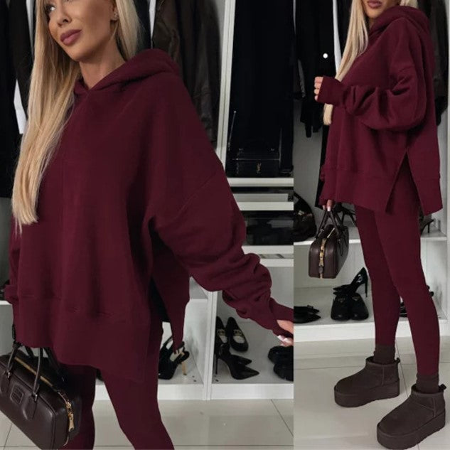 Oversized Hoodie and Legging Two Piece Set - WineRed