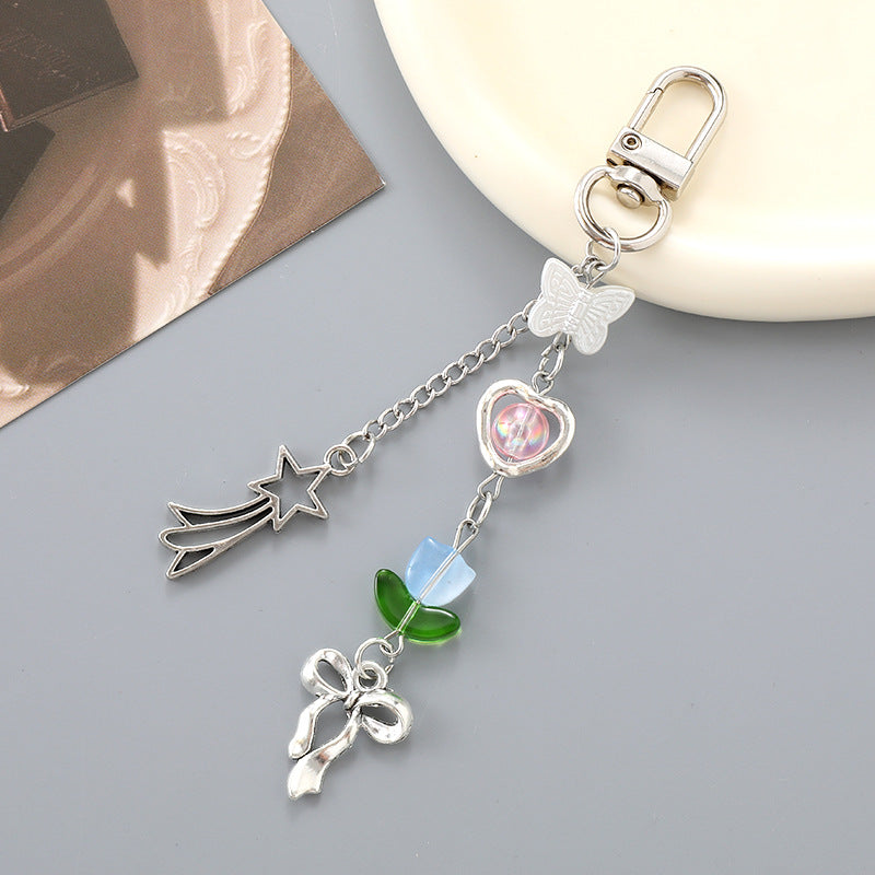 Tulip and Heart Beaded Charm Keychain - Blue