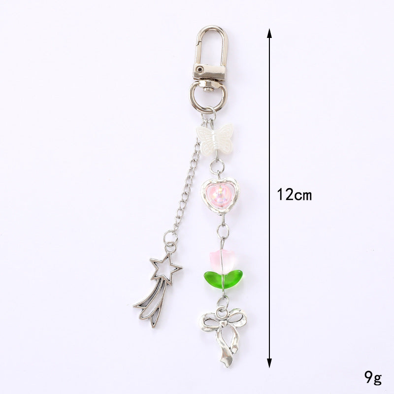 Tulip and Heart Beaded Charm Keychain - Pink