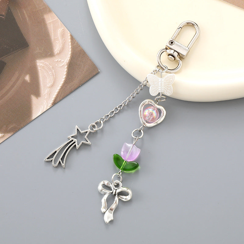 Tulip and Heart Beaded Charm Keychain - Purple