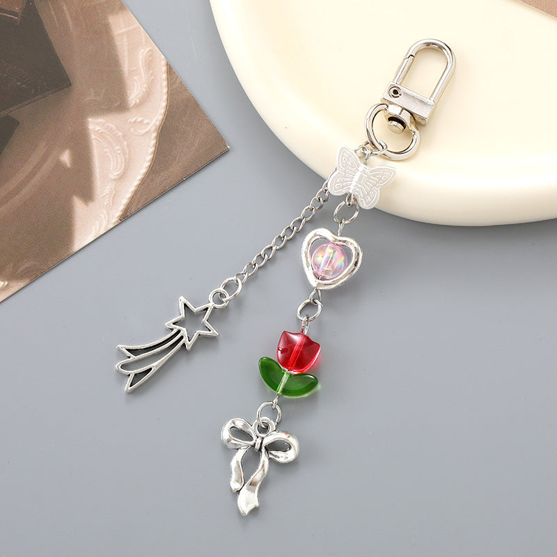 Tulip and Heart Beaded Charm Keychain - Red