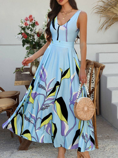Abstract Leaf Print Sleeveless Maxi Dress