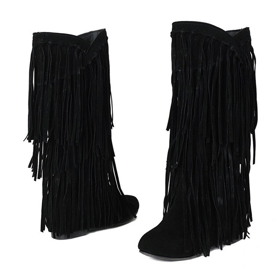 Layered Fringe Faux Suede Mid Calf Boots - Black