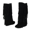 Layered Fringe Faux Suede Mid Calf Boots - Black