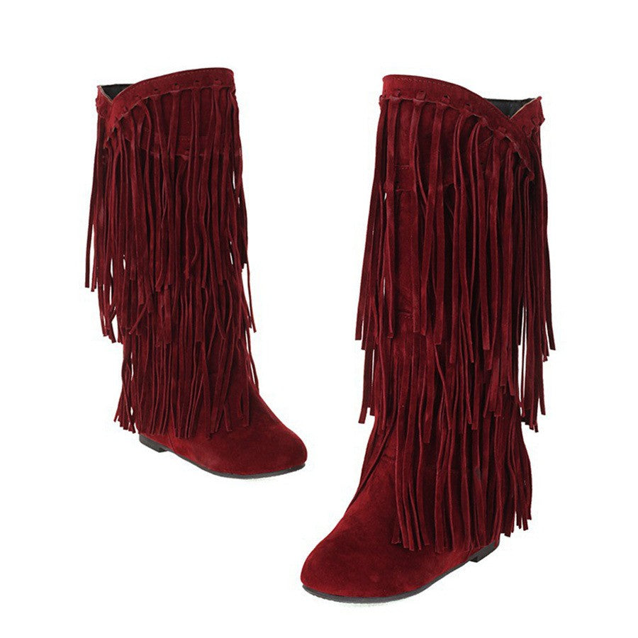 Layered Fringe Faux Suede Mid Calf Boots - Burgundy