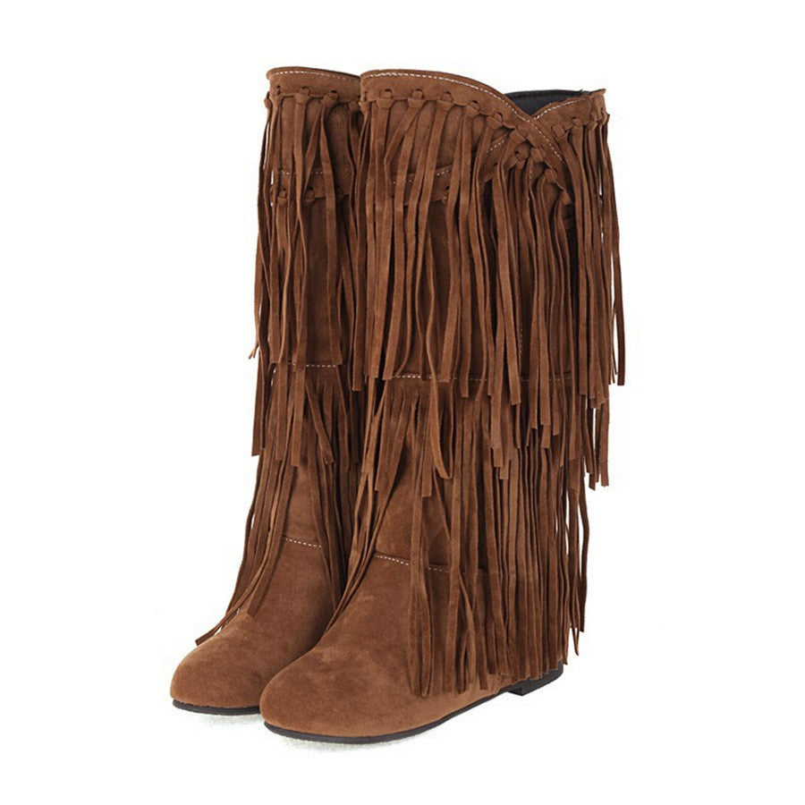 Layered Fringe Faux Suede Mid Calf Boots - Camel