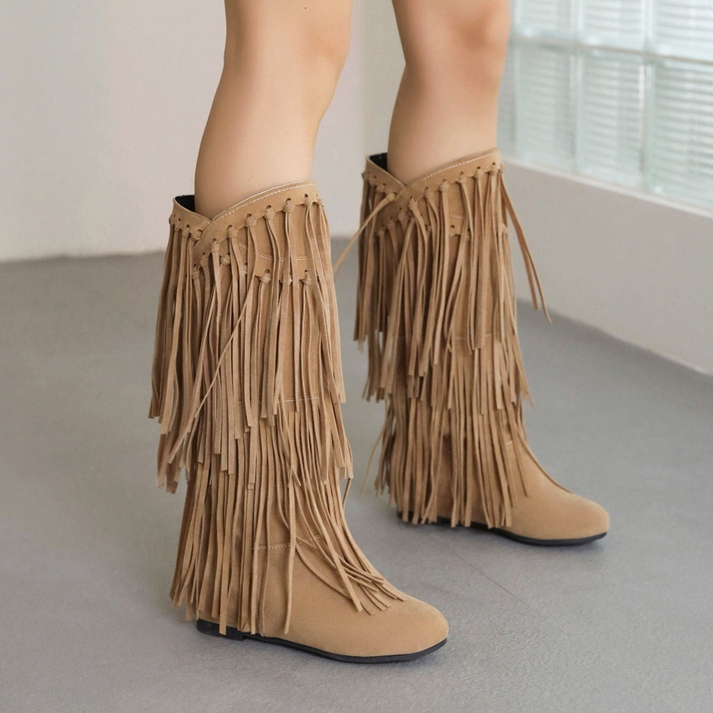 Layered Fringe Faux Suede Mid Calf Boots