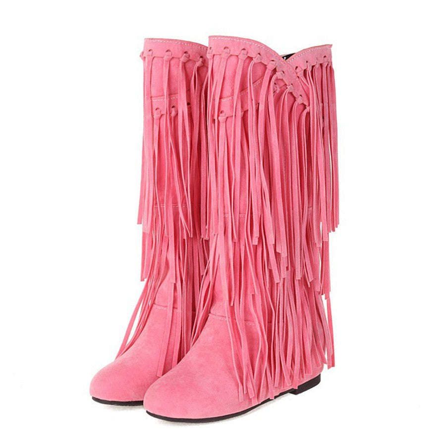 Layered Fringe Faux Suede Mid Calf Boots