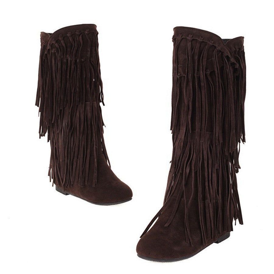 Layered Fringe Faux Suede Mid Calf Boots