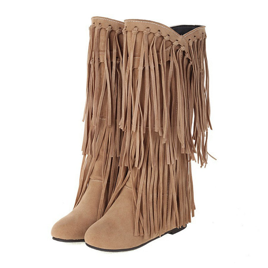Layered Fringe Faux Suede Mid Calf Boots
