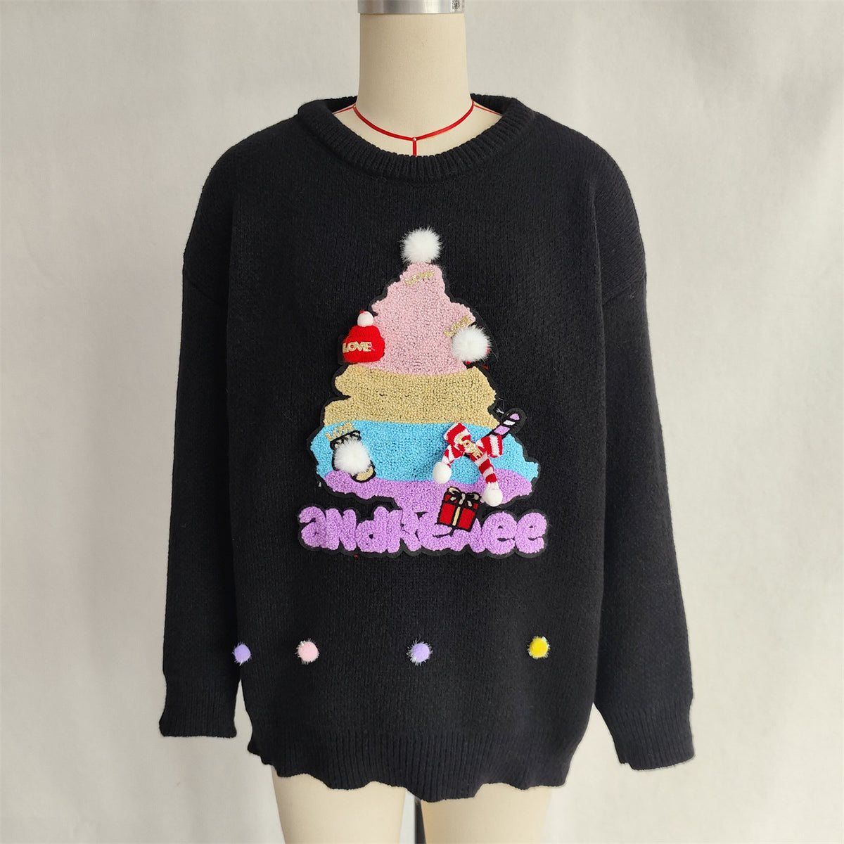 Embroidered Christmas Tree Pom Pom Sweater - Black