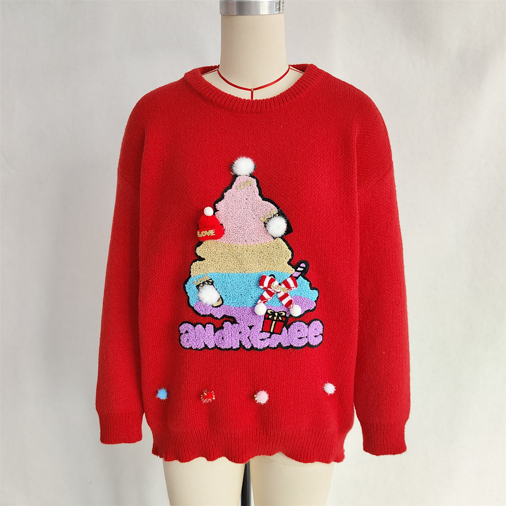 Embroidered Christmas Tree Pom Pom Sweater - Red