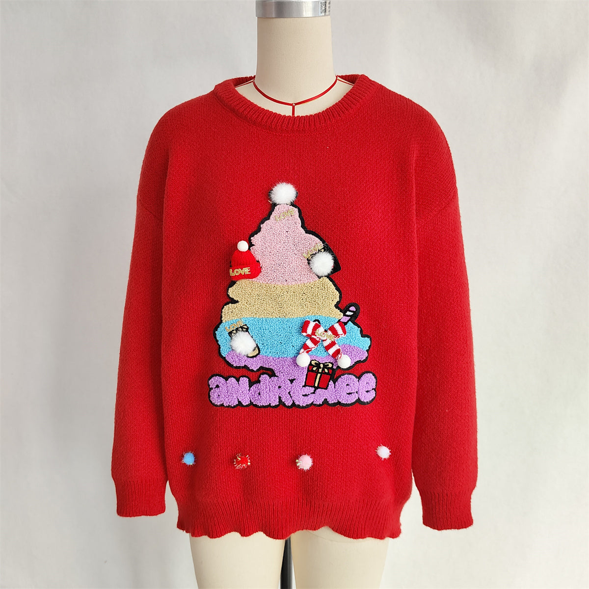Embroidered Christmas Tree Pom Pom Sweater - Red