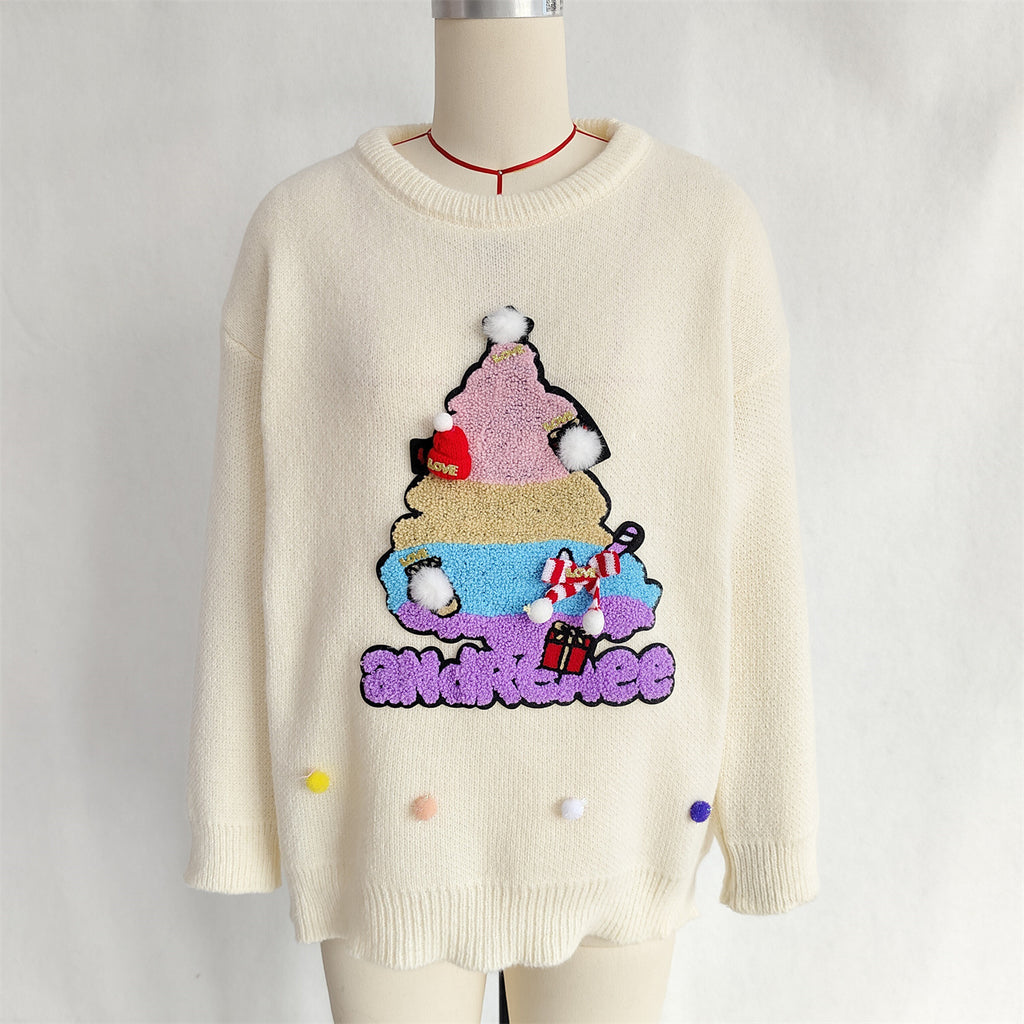 Embroidered Christmas Tree Pom Pom Sweater - White - 1