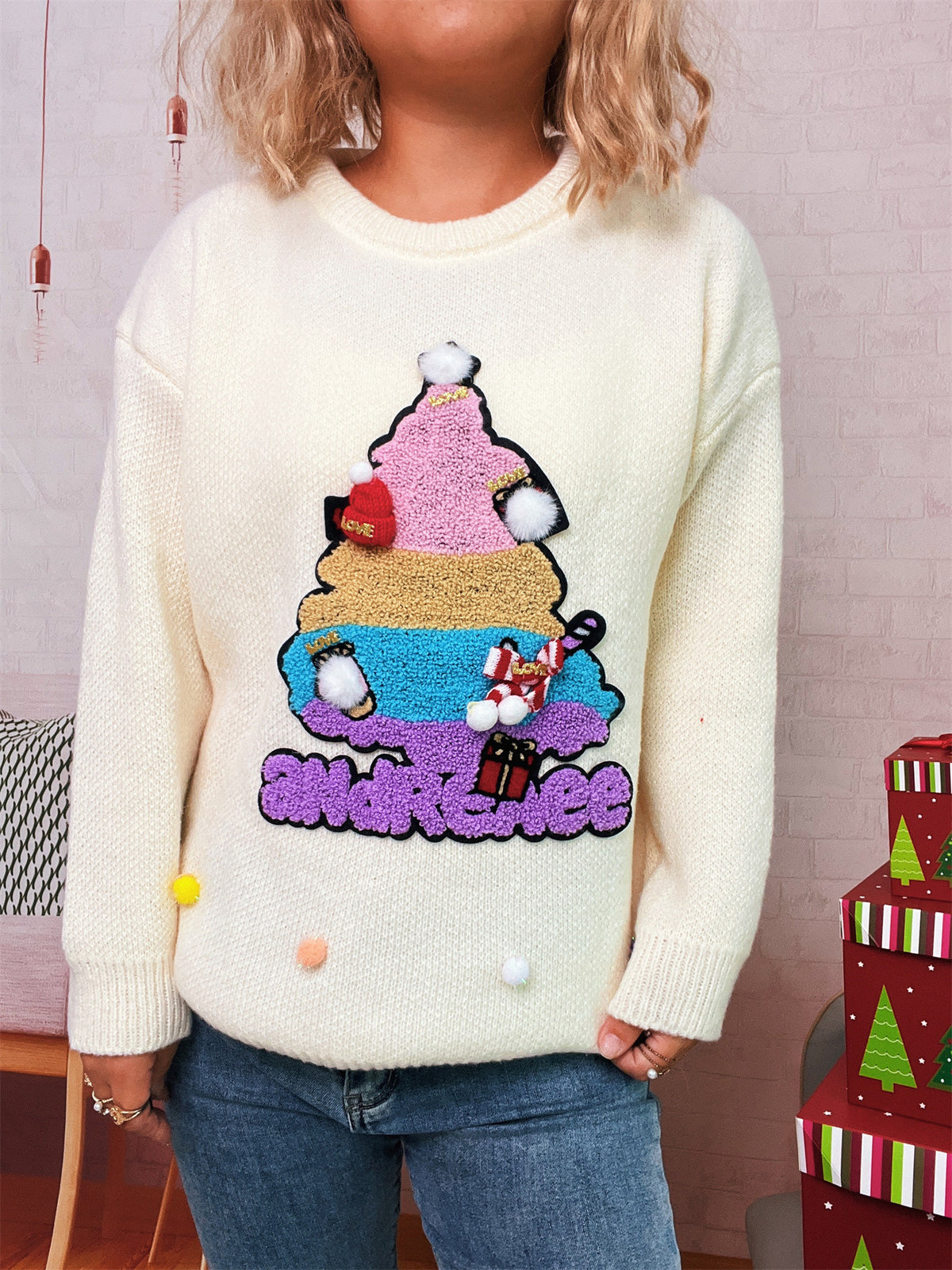 Embroidered Christmas Tree Pom Pom Sweater