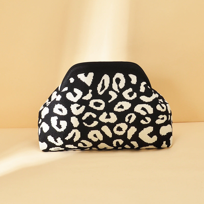 Leopard Knit Cloud Clutch Purse - Black