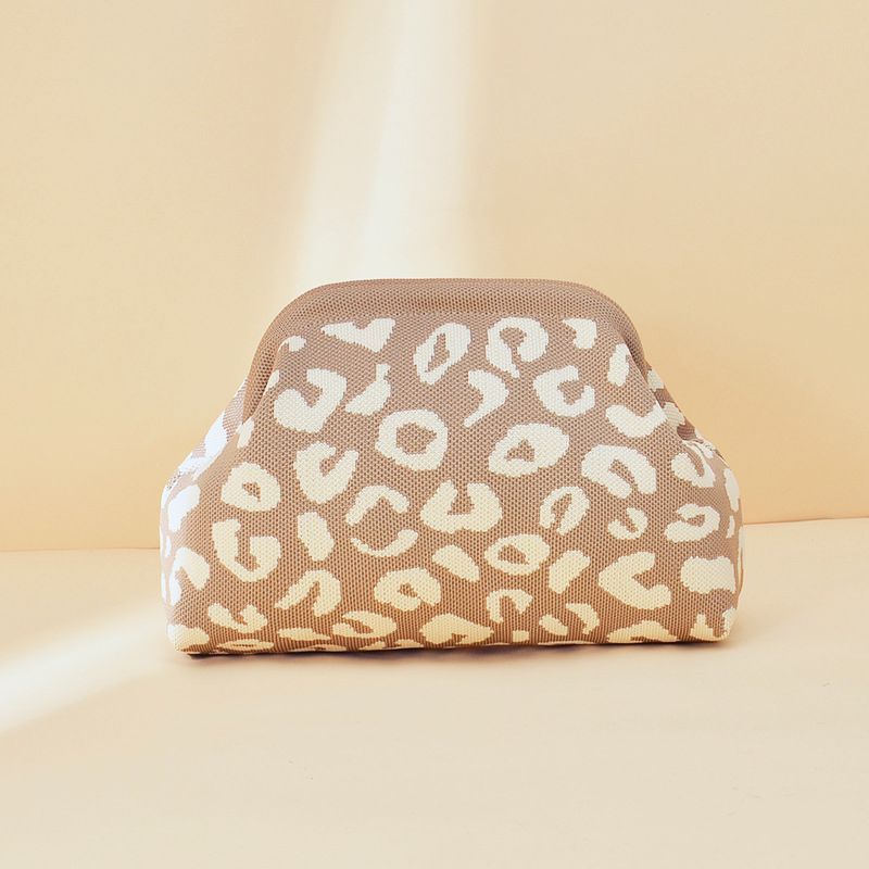 Leopard Knit Cloud Clutch Purse - Khaki