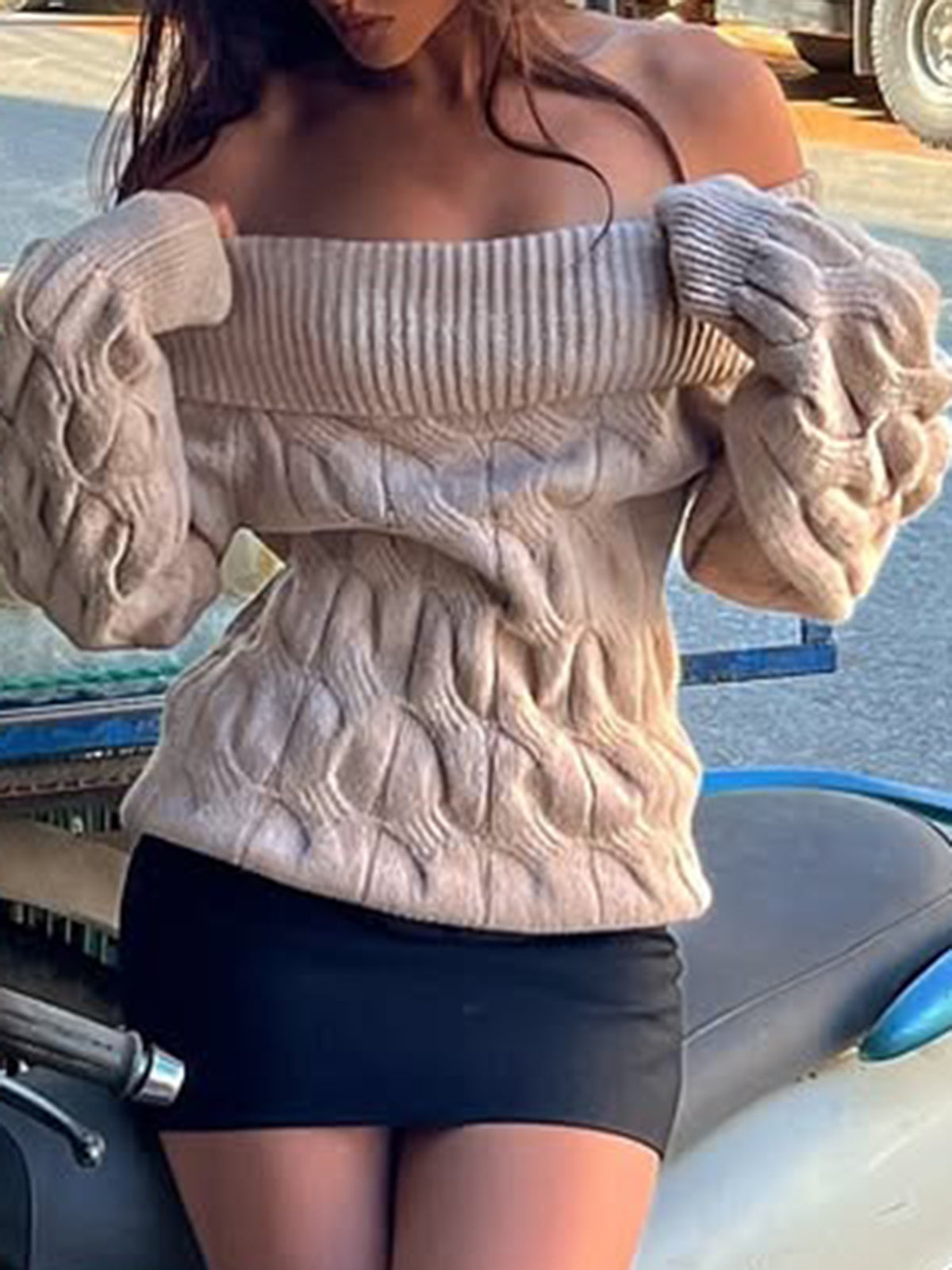 Y2K Off Shoulder Cable Knit Sweater - Khaki