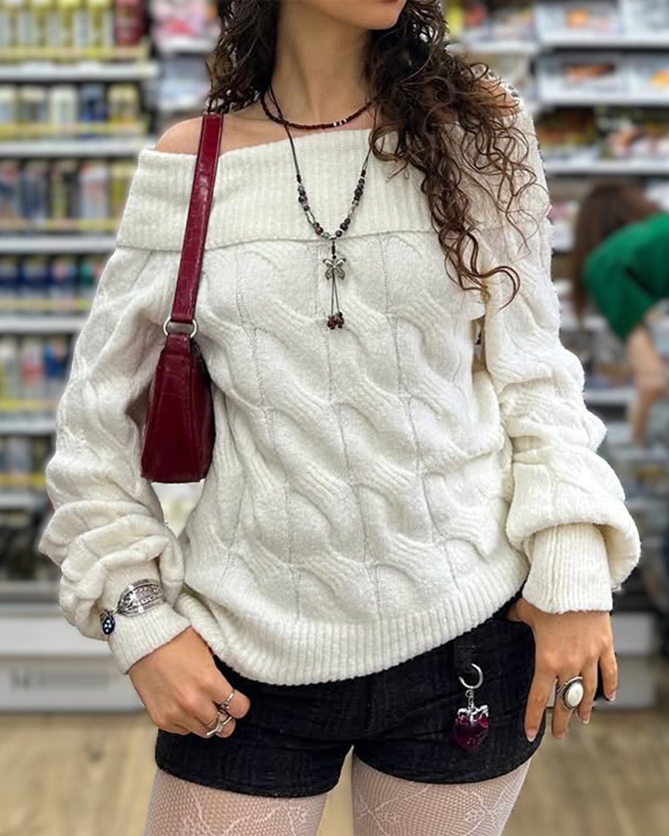 Y2K Off Shoulder Cable Knit Sweater - White