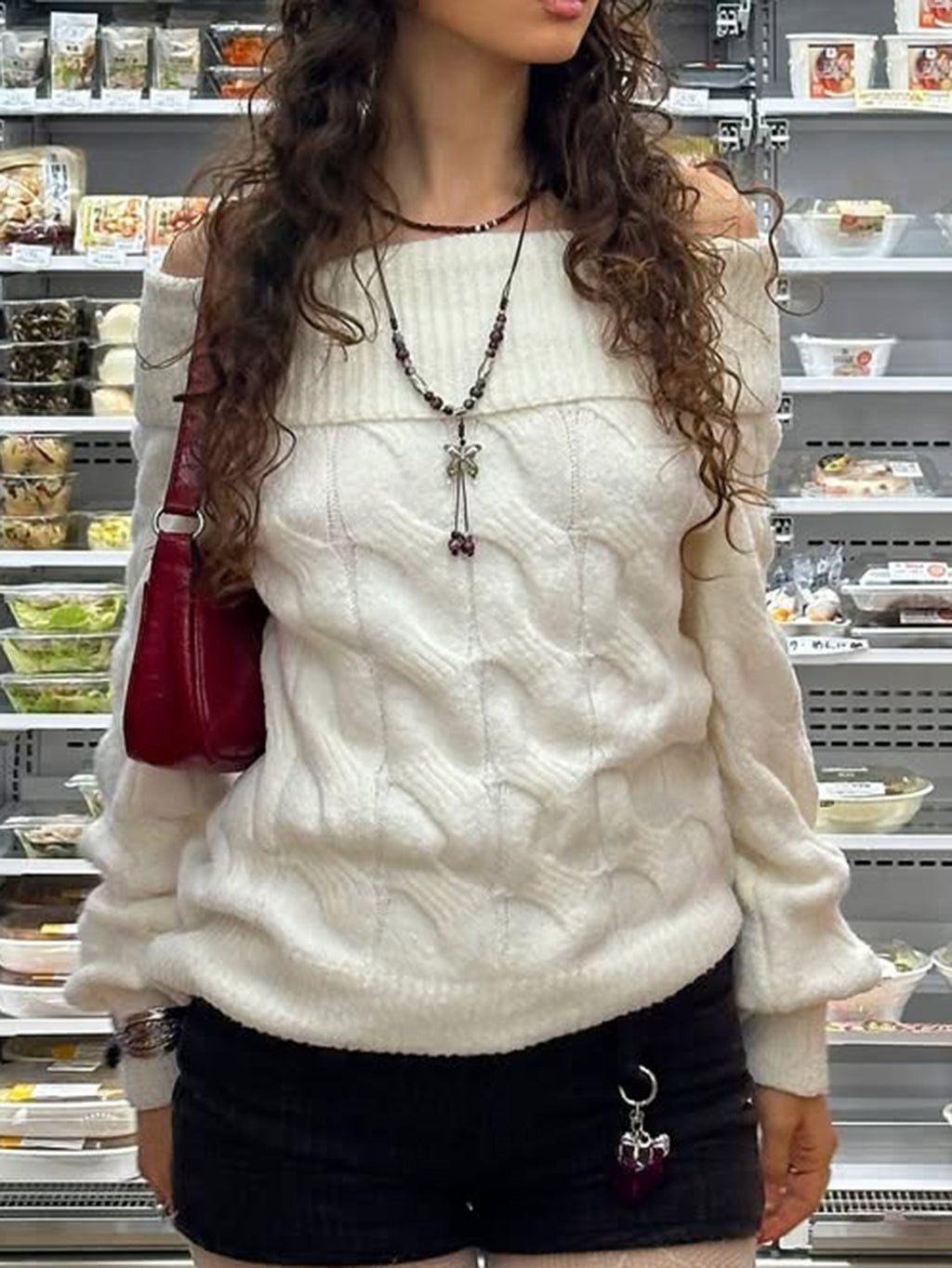 Y2K Off Shoulder Cable Knit Sweater - White - 1