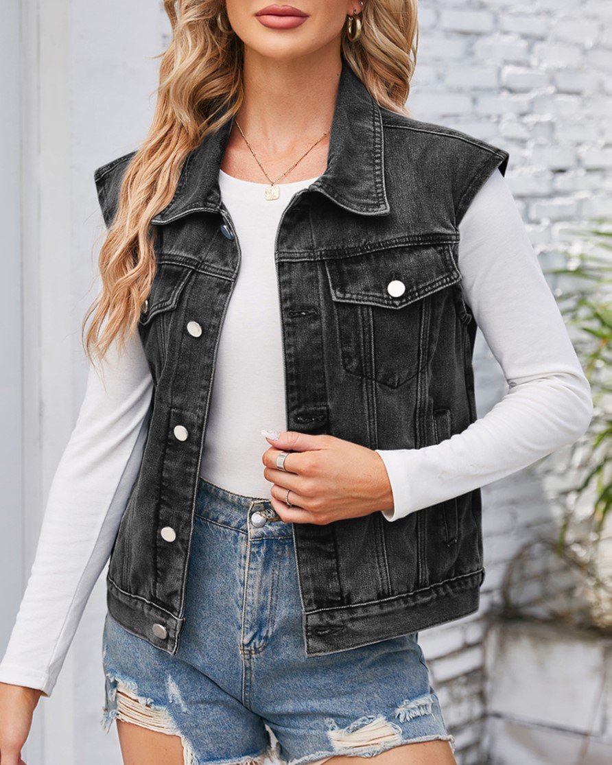 Washed Denim Vest With Removable Hood - Black