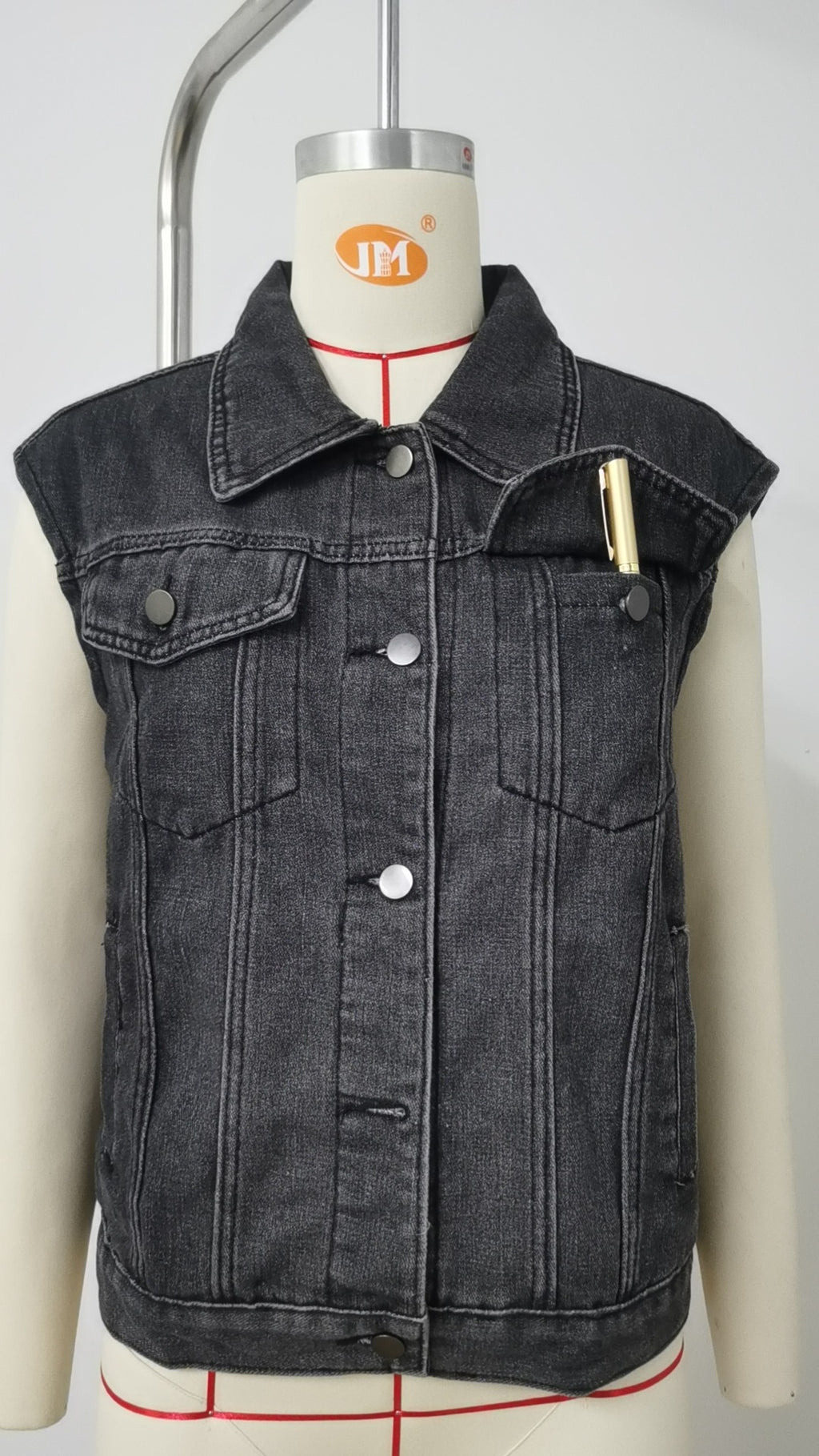 Washed Denim Vest With Removable Hood - Black - 1