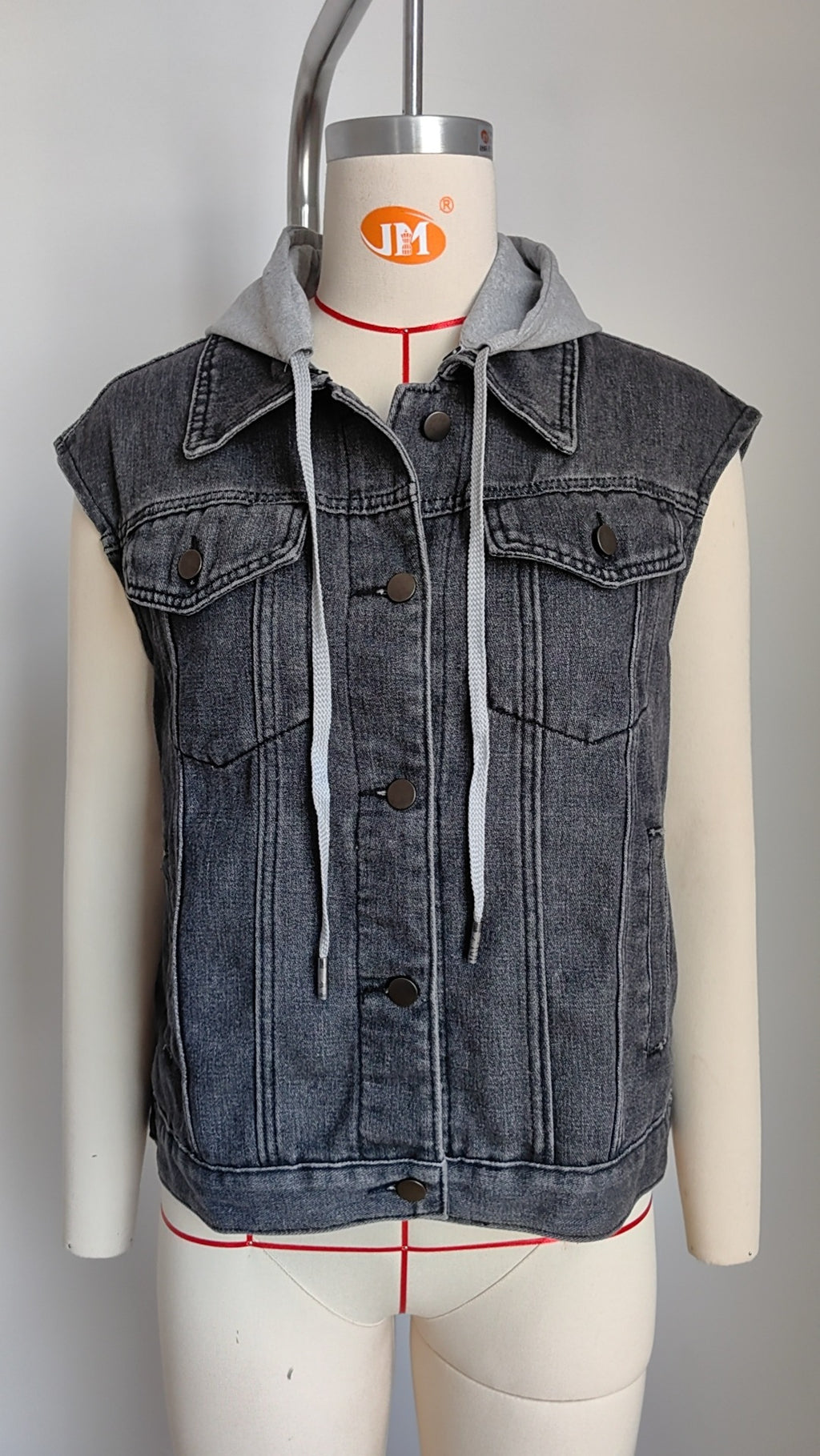Washed Denim Vest With Removable Hood - Black-Cap