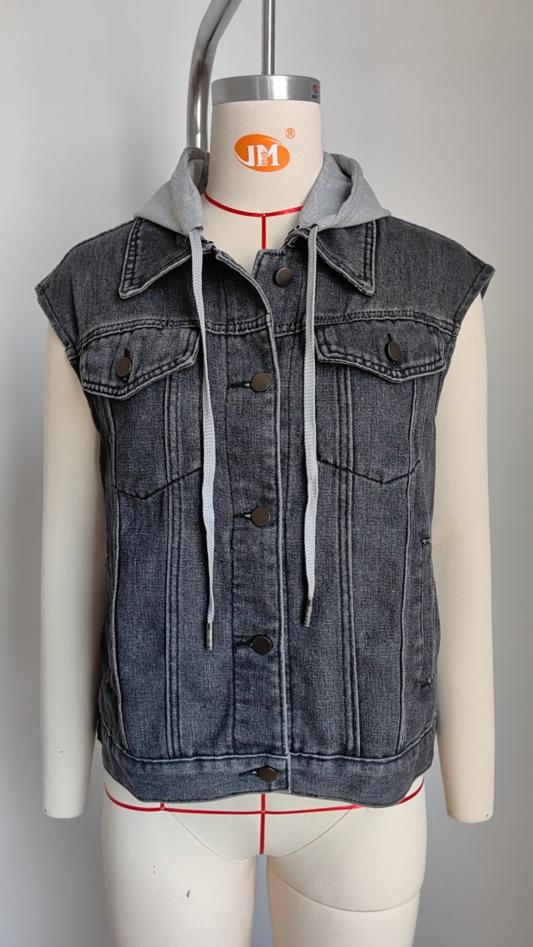 Washed Denim Vest With Removable Hood - Black-Cap