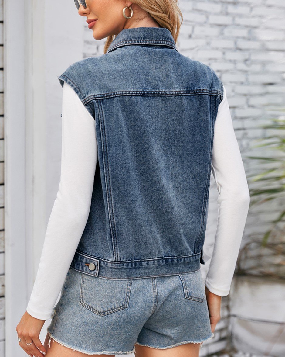 Washed Denim Vest With Removable Hood - Blue - 3