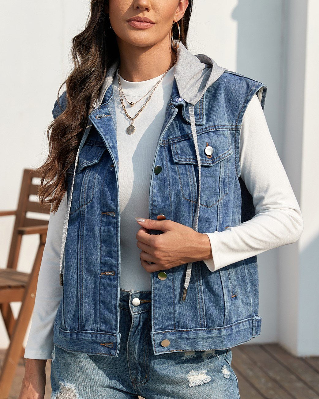 Washed Denim Vest With Removable Hood - Blue-Cap - 1